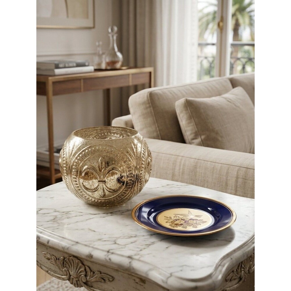 Bundle: Hummingbird Cobalt Blue Japanese Chokin Plate & Fleur de Lis Gold Bowl